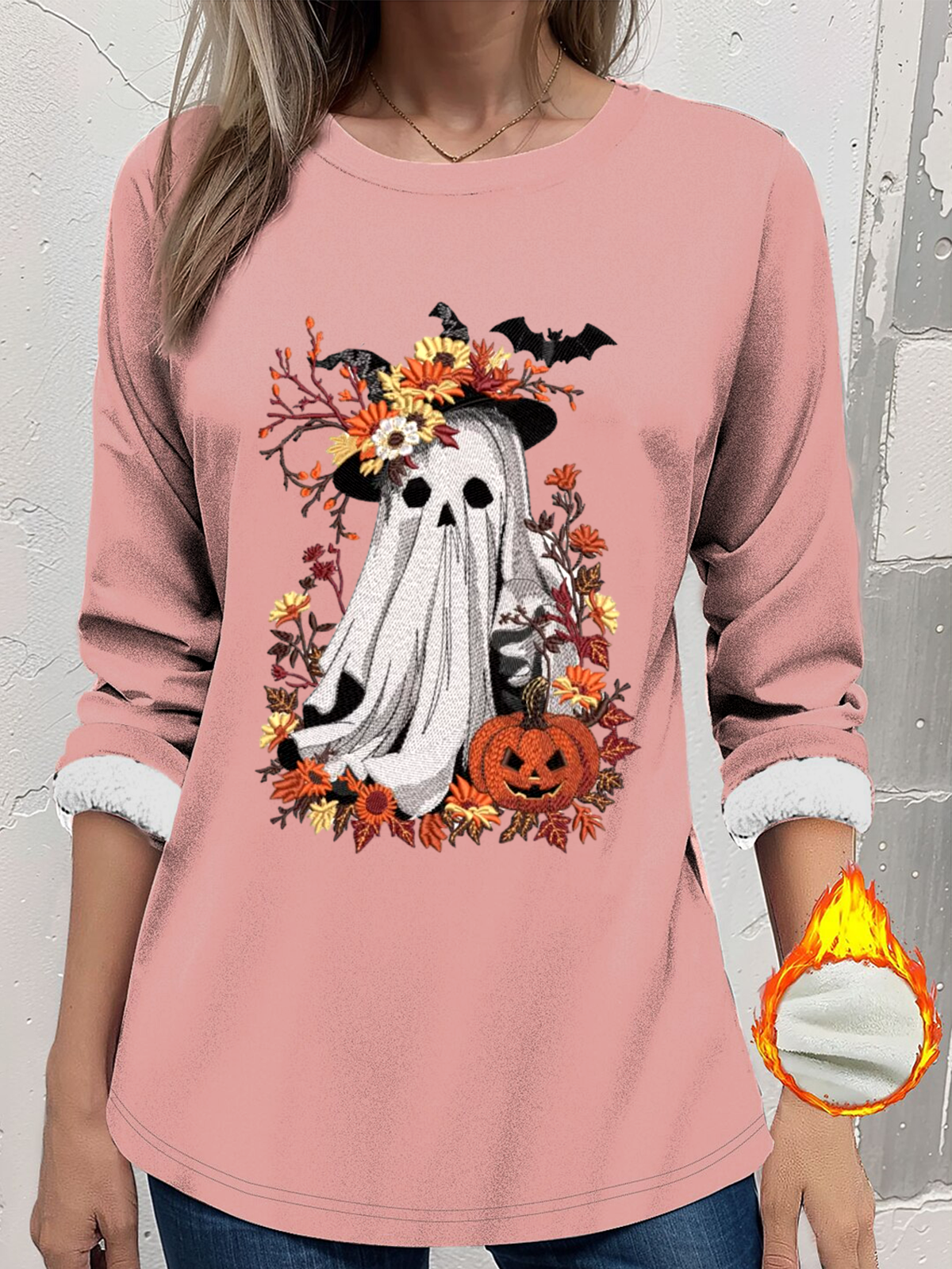 Women's Thickened Pullover Halloween Pattern Casual Comfort Long Sleeve Crew Neck Regular Fit Top
