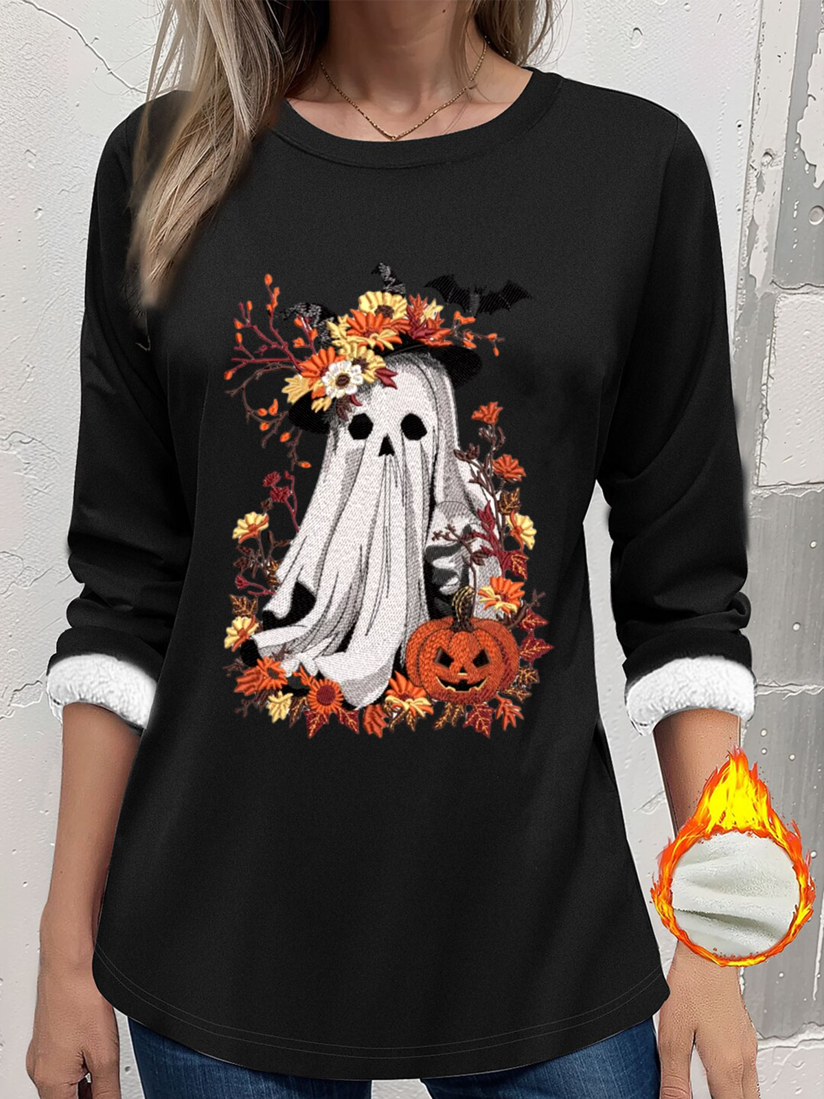 Women's Thickened Pullover Halloween Pattern Casual Comfort Long Sleeve Crew Neck Regular Fit Top
