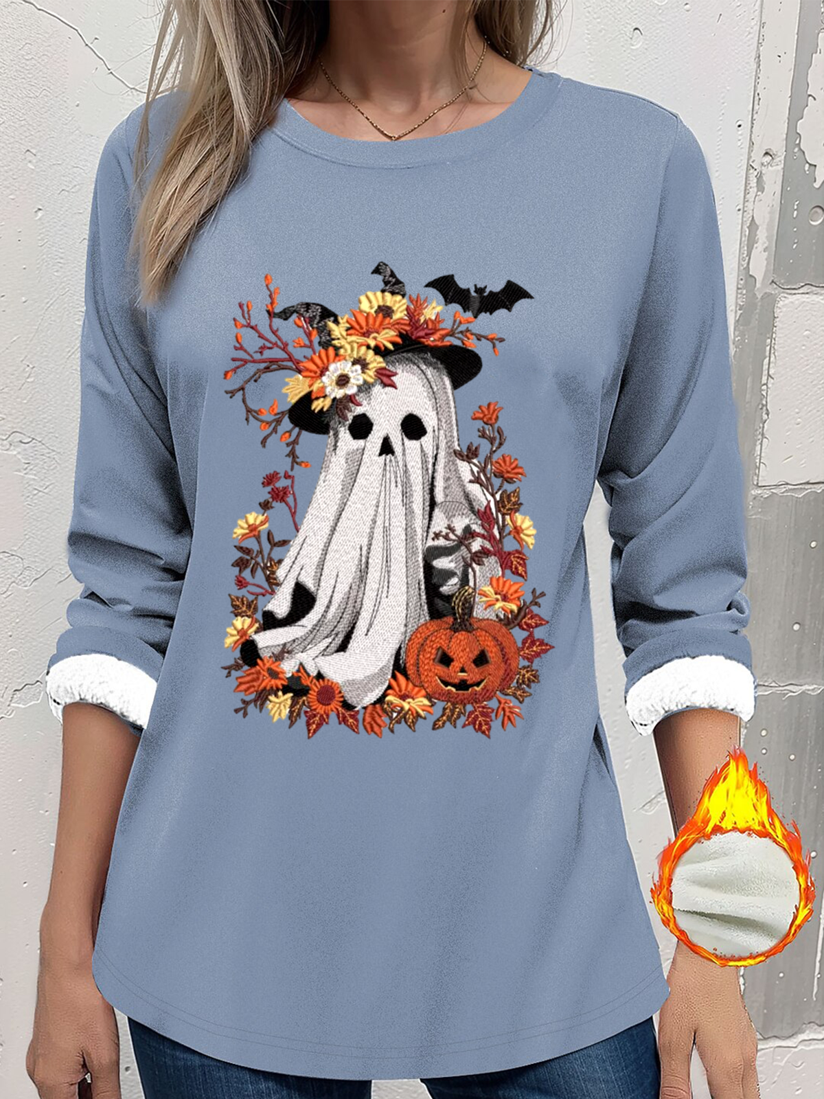 Women's Thickened Pullover Halloween Pattern Casual Comfort Long Sleeve Crew Neck Regular Fit Top