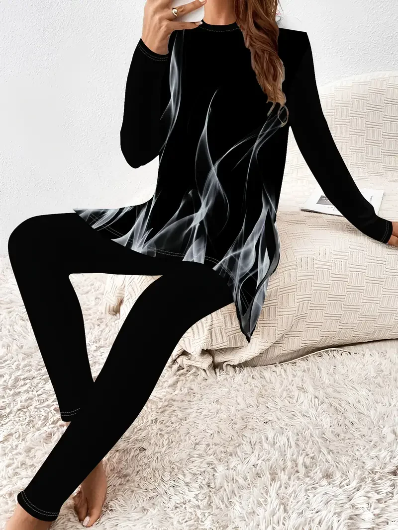 Women's Printing Abstract Daily Going Out Two-Piece Set Black Casual Spring/Fall Top With Pants Matching Set