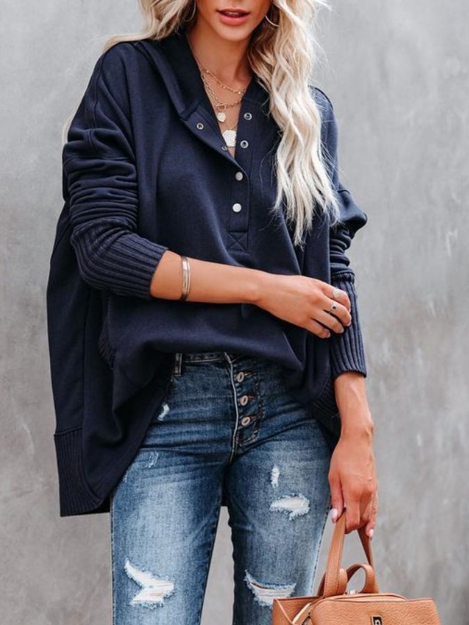 Simple V-neck Hooded Multi-color Bat Sleeve Sweatshirt Loose Thread Stitching Sweatshirt