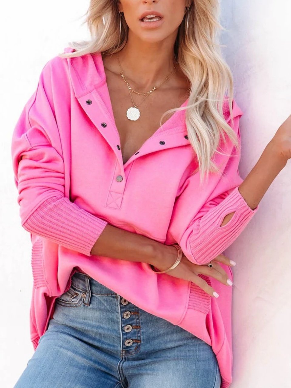 Simple V-neck Hooded Multi-color Bat Sleeve Sweatshirt Loose Thread Stitching Sweatshirt