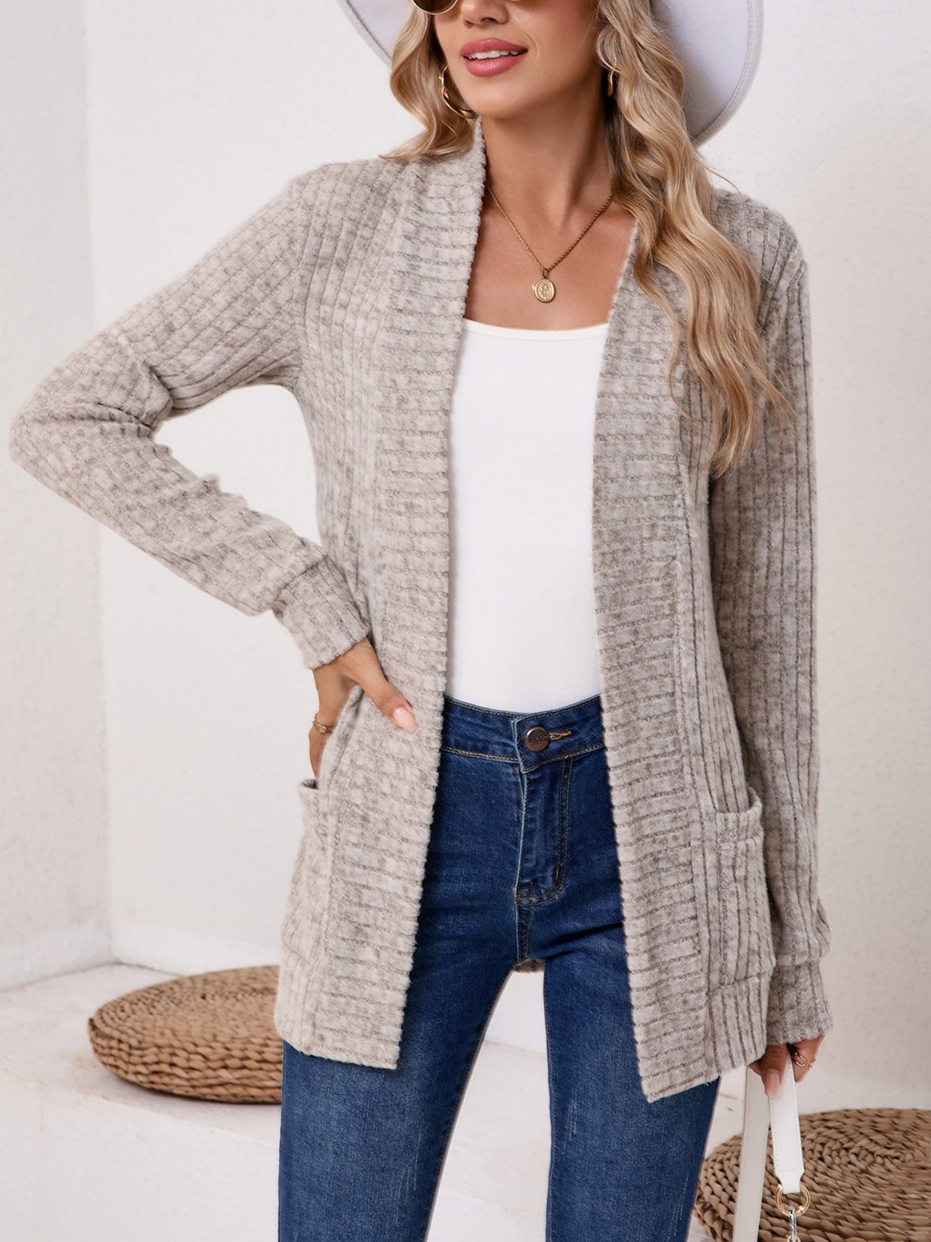 Basic Loose Autumn And Winter New Solid Color Cashmere Long-sleeved Bottoming Cardigan Knitted Cardigan