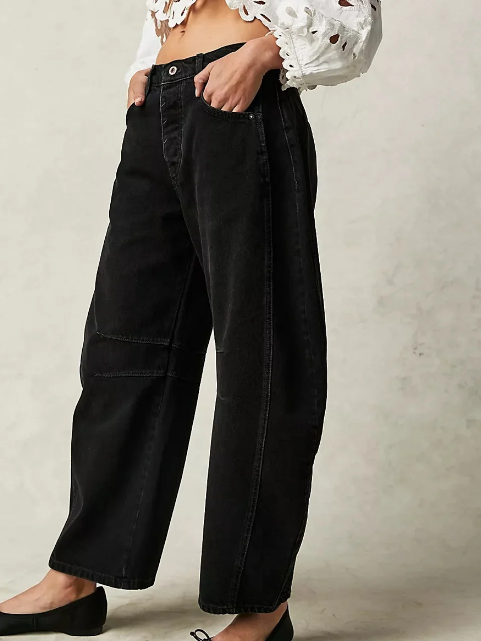 Buckle Cotton Loose Casual Women's Loose Wide Leg Pants Mid-low Rise Washed Scimitar Pants Jeans