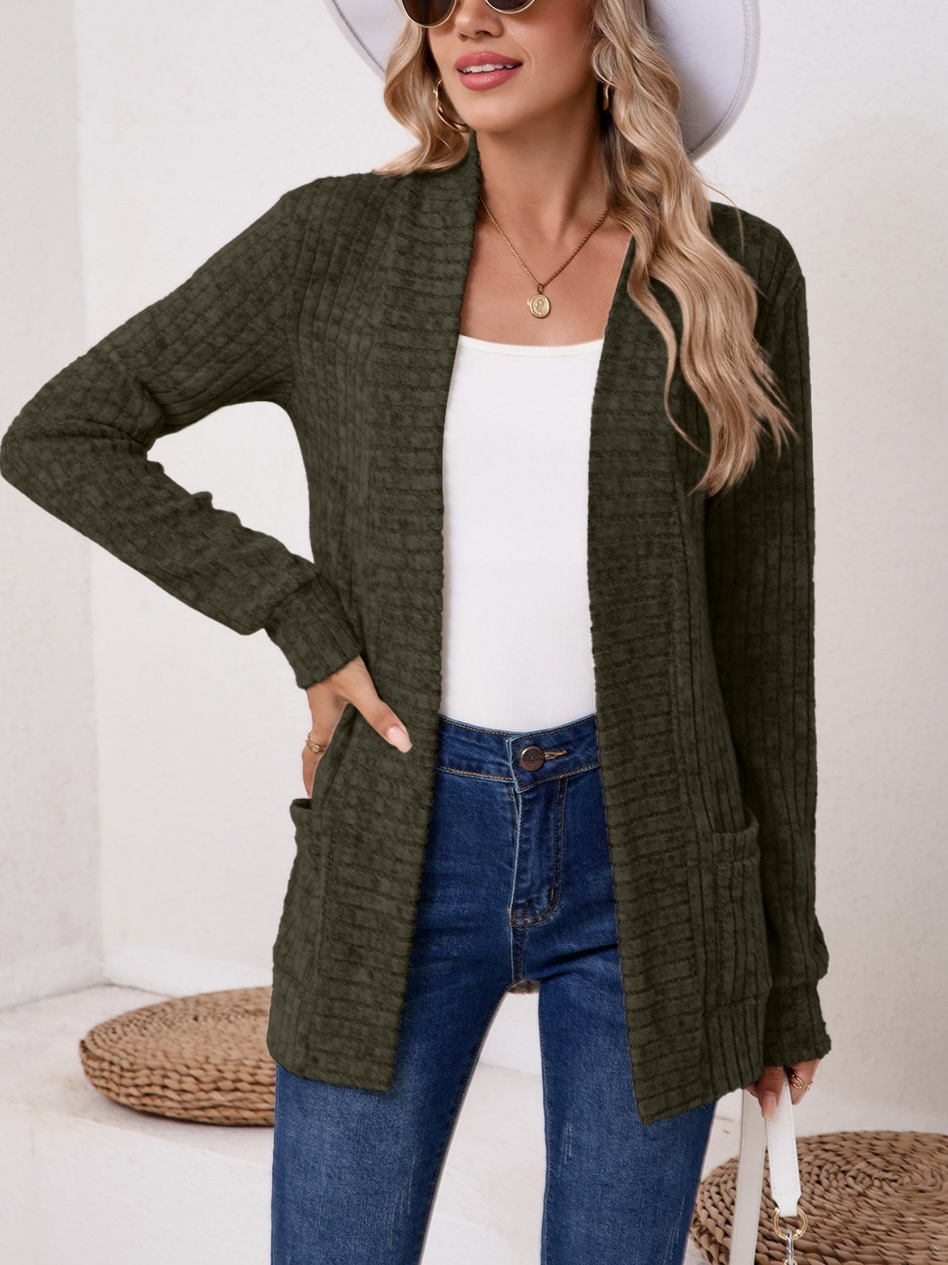 Basic Loose Autumn And Winter New Solid Color Cashmere Long-sleeved Bottoming Cardigan Knitted Cardigan