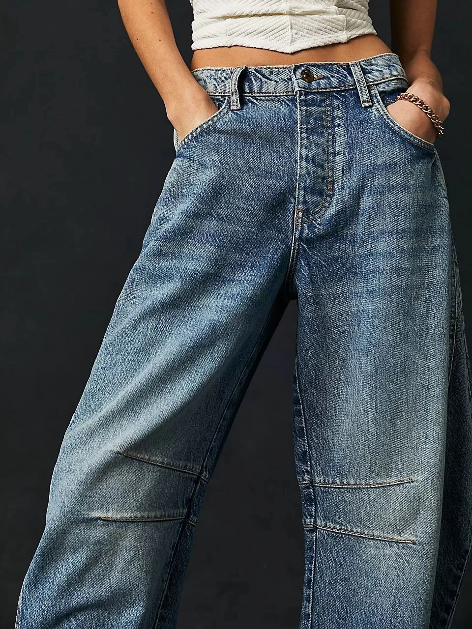 Buckle Cotton Loose Casual Women's Loose Wide Leg Pants Mid-low Rise Washed Scimitar Pants Jeans