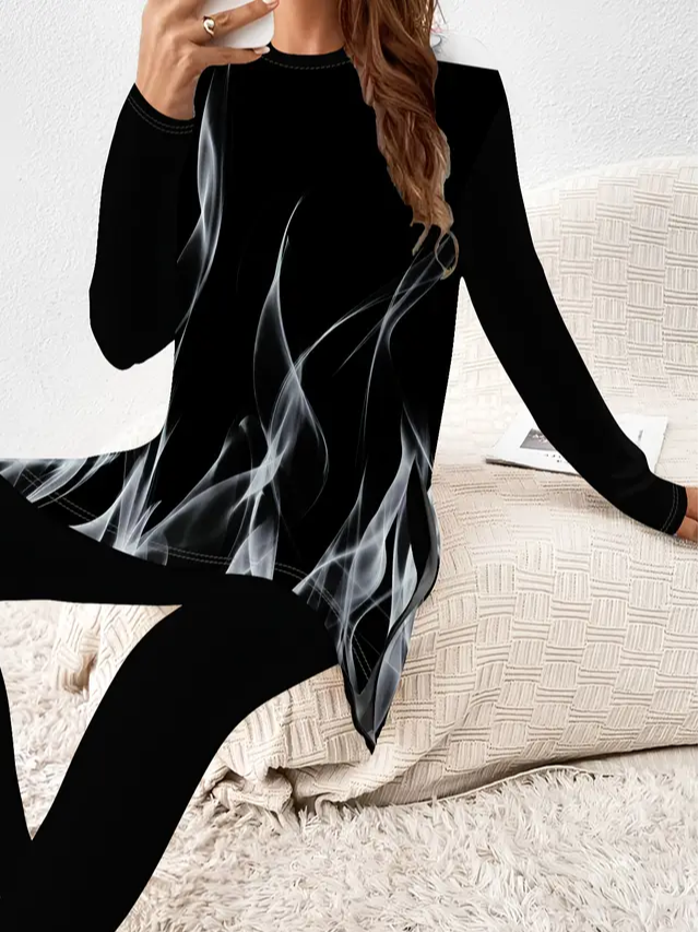 Women's Printing Abstract Daily Going Out Two-Piece Set Black Casual Spring/Fall Top With Pants Matching Set