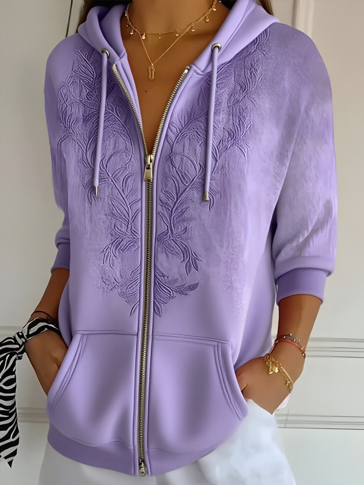 Women's Artistic Embossed Hooded Jacket Casual Comfort Regular Sweatshirt