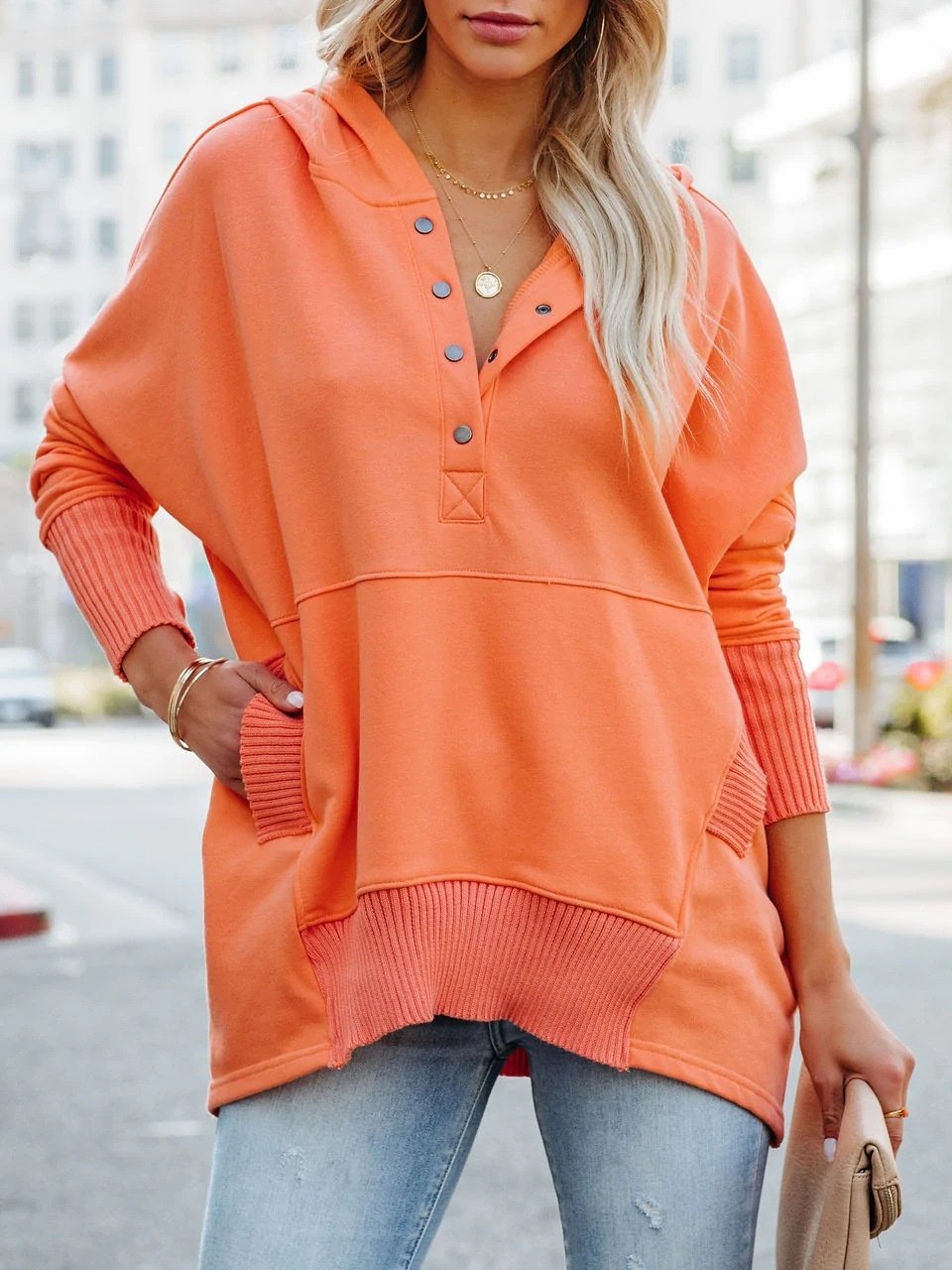 Simple V-neck Hooded Multi-color Bat Sleeve Sweatshirt Loose Thread Stitching Sweatshirt