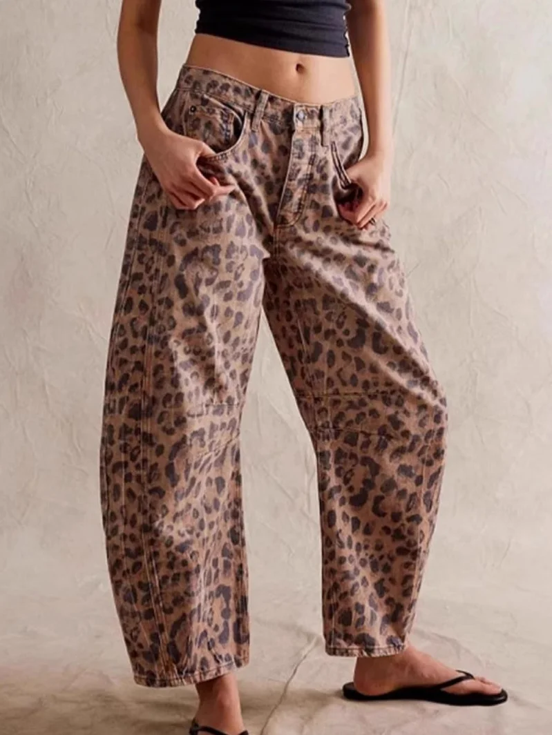 Buckle Cotton Loose Casual Women's Loose Wide Leg Pants Mid-low Rise Washed Scimitar Pants Jeans