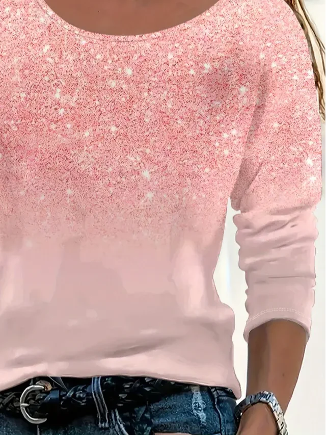 Women's Long Sleeve T-shirt Spring/Fall Pink Abstract Printing Jersey Crew Neck Daily Going Out Casual Top