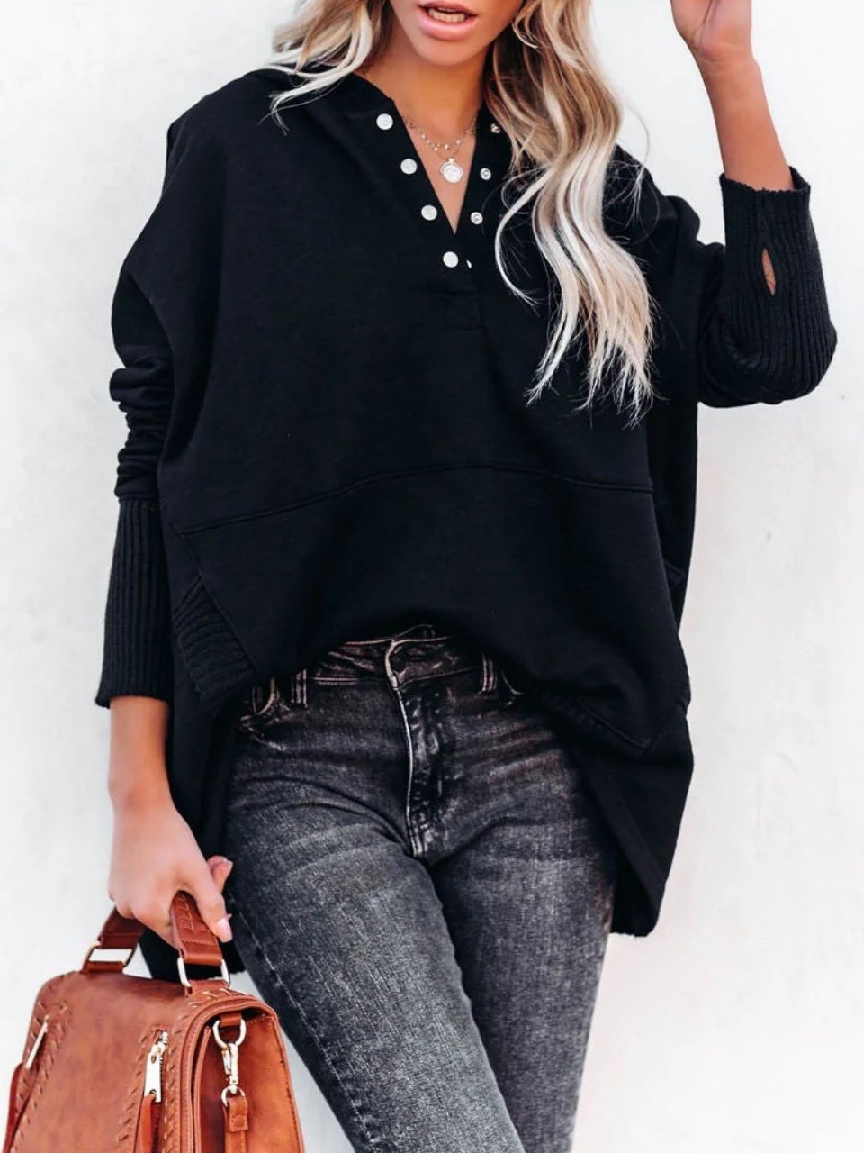 Simple V-neck Hooded Multi-color Bat Sleeve Sweatshirt Loose Thread Stitching Sweatshirt