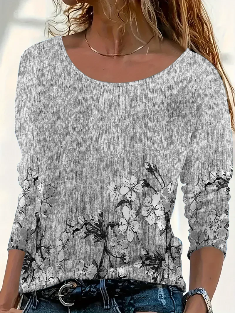 Women's Long Sleeve T-shirt Spring/Fall Blue Floral Printing Jersey Crew Neck Daily Going Out Casual Top