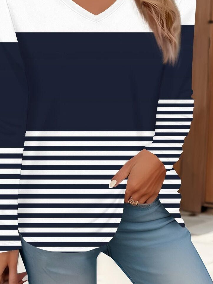 Women's Long Sleeve T-shirt Spring/Fall Purplish blue Striped Printing Jersey V Neck Daily Going Out Casual Top