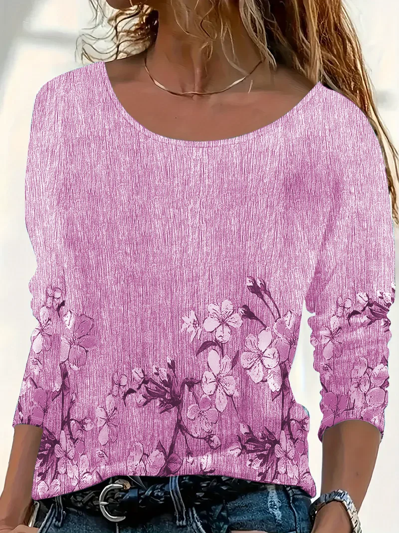 Women's Long Sleeve T-shirt Spring/Fall Blue Floral Printing Jersey Crew Neck Daily Going Out Casual Top