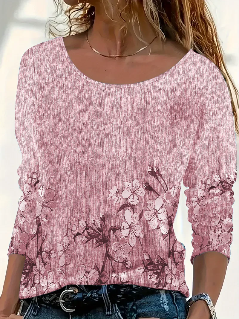 Women's Long Sleeve T-shirt Spring/Fall Blue Floral Printing Jersey Crew Neck Daily Going Out Casual Top