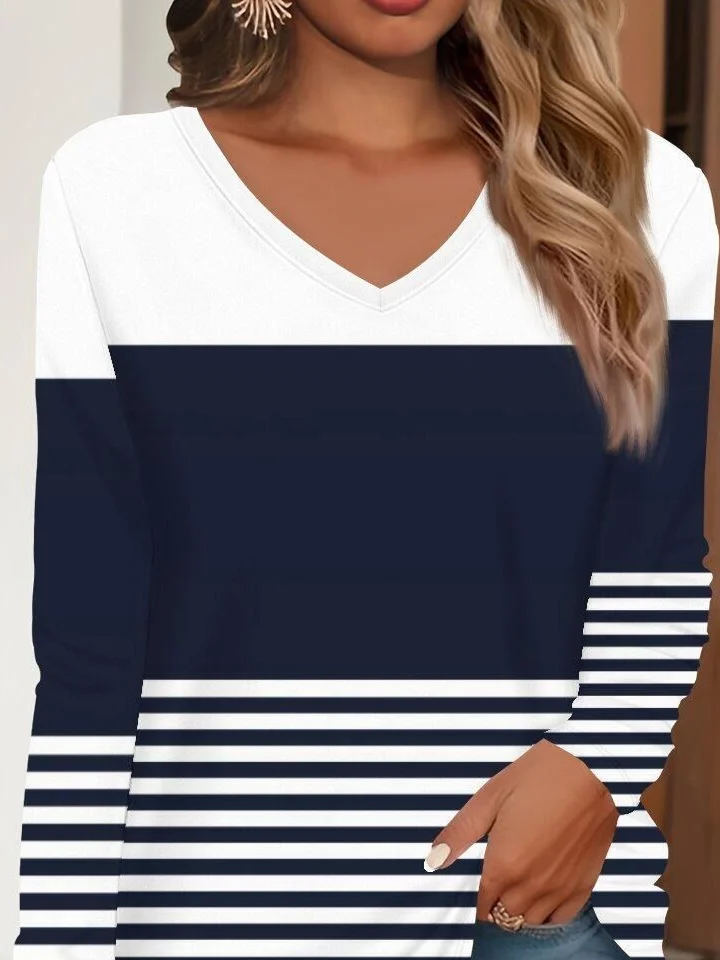 Women's Long Sleeve T-shirt Spring/Fall Purplish blue Striped Printing Jersey V Neck Daily Going Out Casual Top