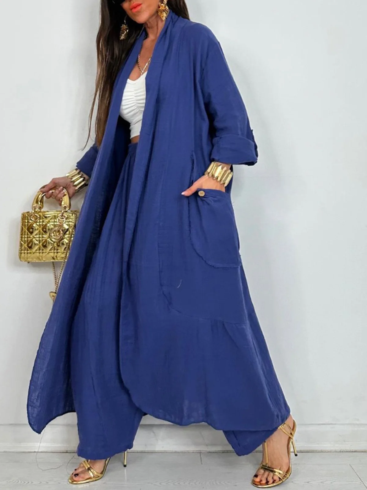 Casual Plain Two-Piece Set Coat With Pants