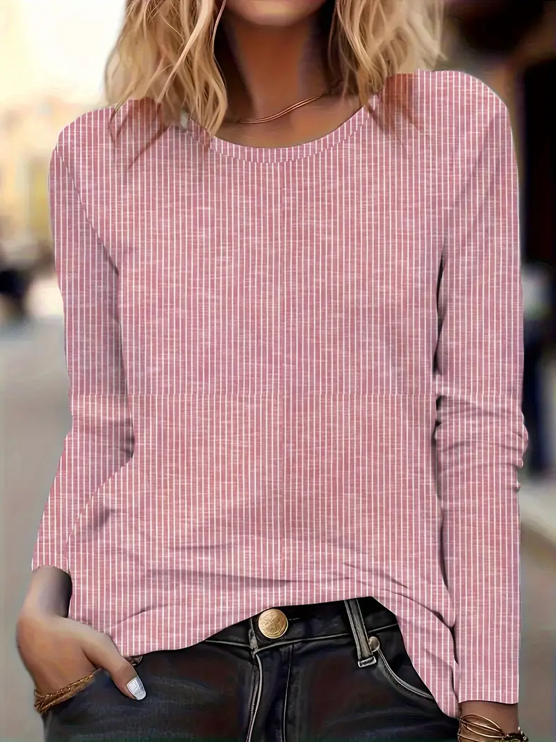 Women's Long Sleeve T-shirt Spring/Fall Pink Striped Printing Jersey Crew Neck Daily Going Out Casual Top