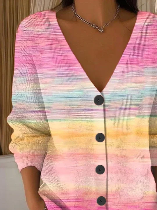 Women's Abstract Print Casual V-Neck Button Long Sleeve Cardigan