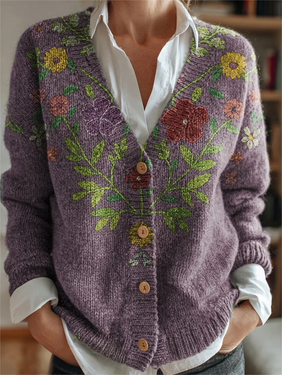 Women's Artistic Floral Pattern V-Neck Cardigan Casual Comfort Regular Sweatshirt Jacket