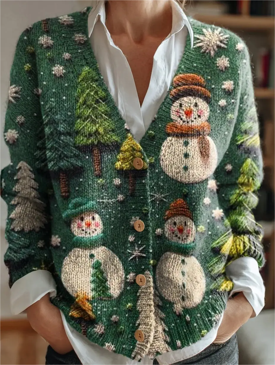 Women's Christmas Pattern V-Neck Cardigan Casual Comfort Regular Sweatshirt Jacket