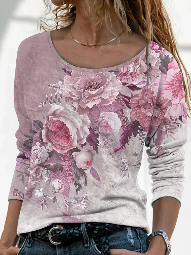 Women's Long Sleeve T-shirt Spring/Fall Gray Floral Printing Jersey Crew Neck Daily Going Out Casual Top