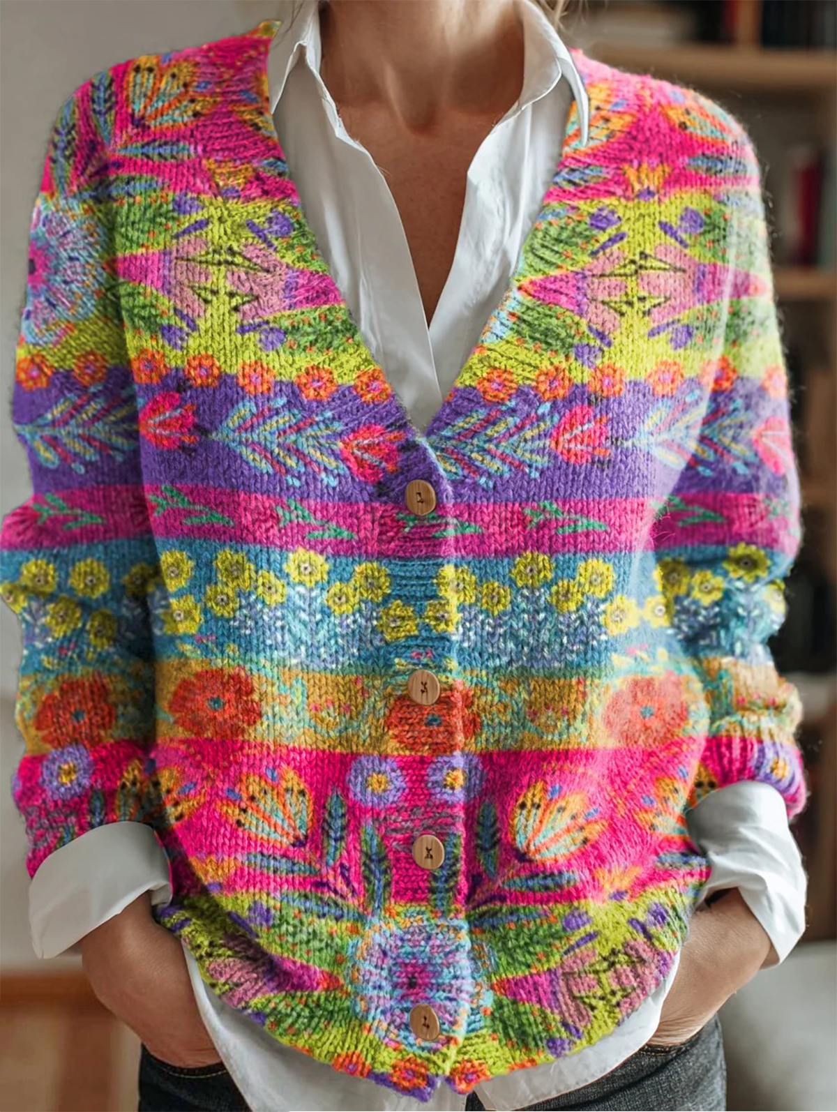 Women's Geometric Floral Pattern V-Neck Cardigan Casual Comfort Regular Sweatshirt Jacket