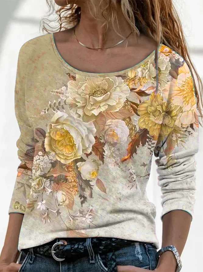 Women's Long Sleeve T-shirt Spring/Fall Gray Floral Printing Jersey Crew Neck Daily Going Out Casual Top