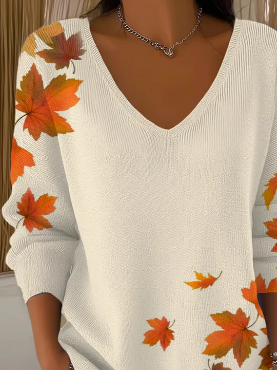 Women's Long Sleeve T-shirt Spring/Fall Apricot Maple Leaf Printing V Neck Daily Going Out Casual Top