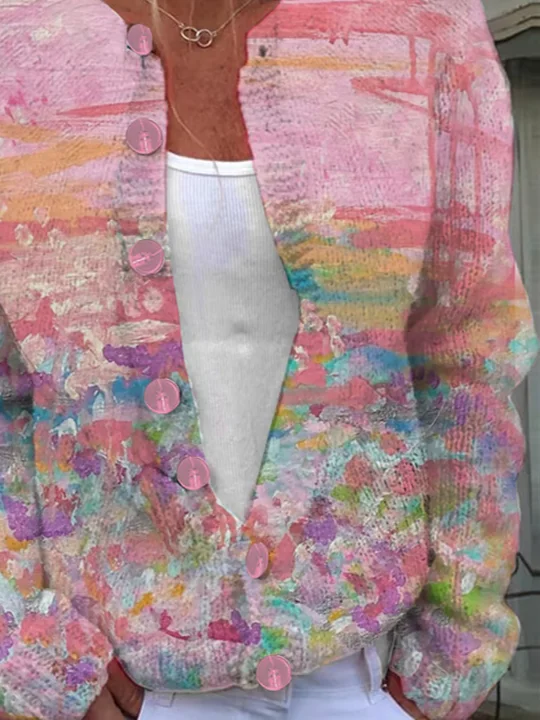 Women's Abstract Print Casual Long Sleeve Button Cardigan Sweater