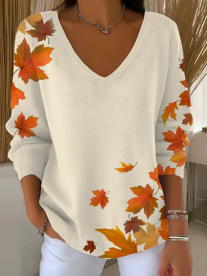 Women's Long Sleeve T-shirt Spring/Fall Apricot Maple Leaf Printing V Neck Daily Going Out Casual Top