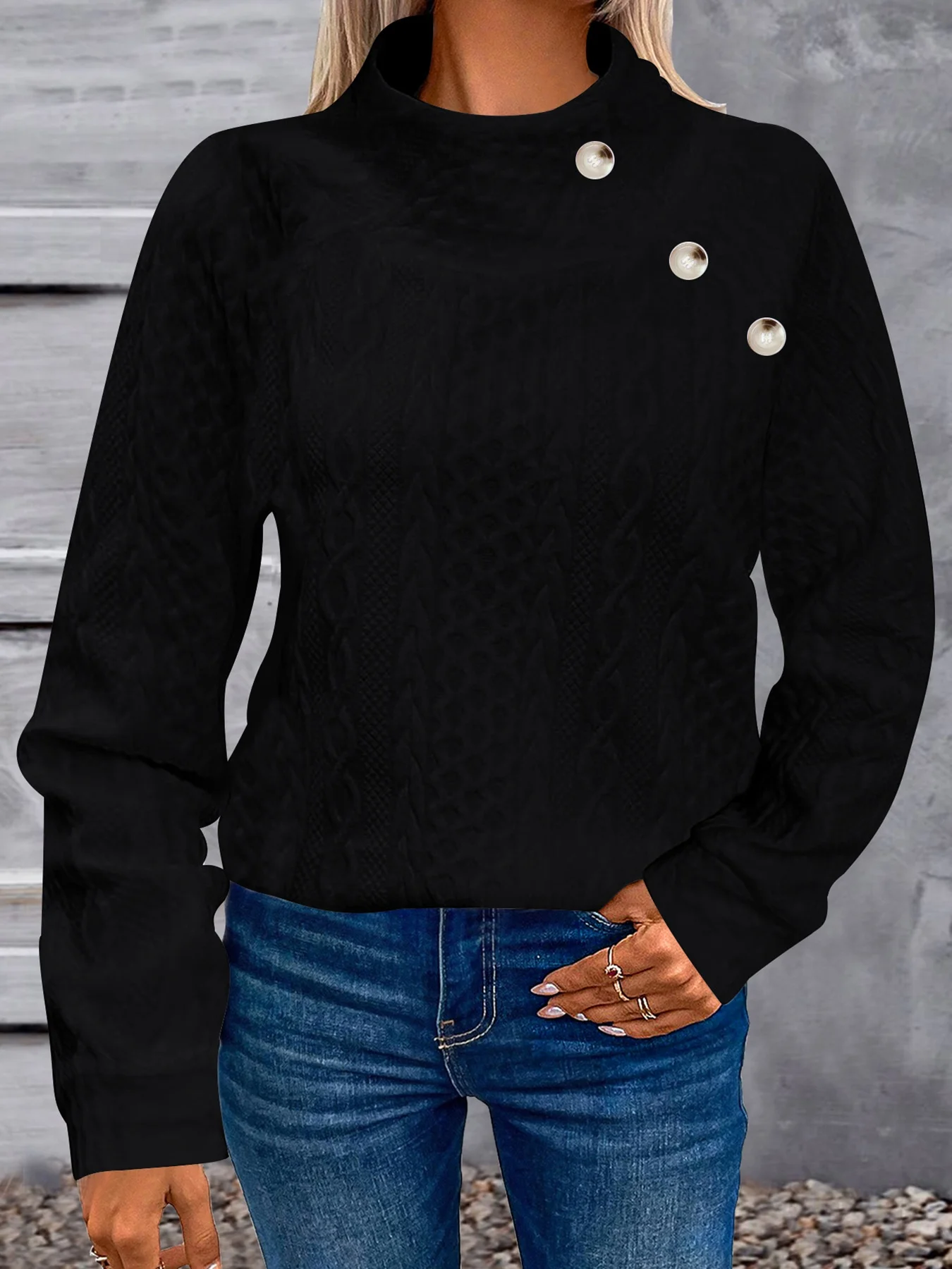 Plain Girly Loose Turtleneck Simple Solid Color Three-dimensional Jacquard High Collar Button Casual Fashion Sports Sweatshirt