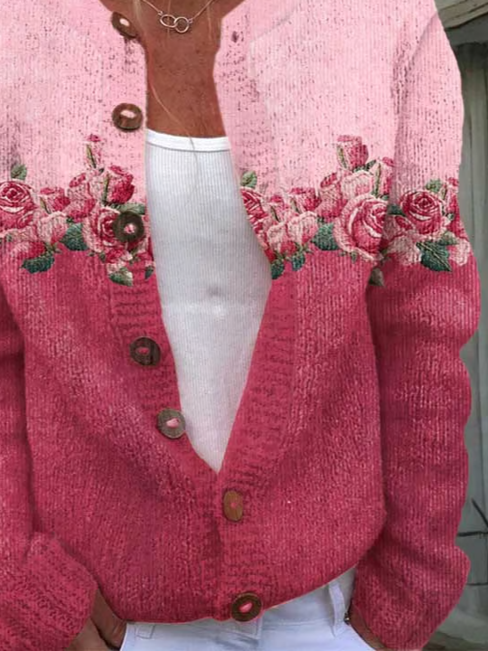 Women's Floral Print Casual Long Sleeve Button Cardigan Sweater