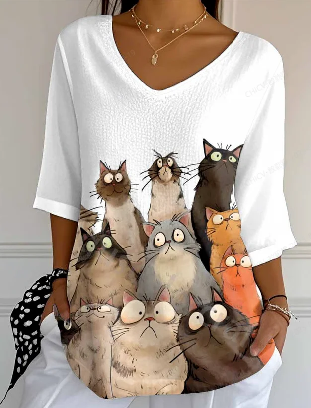 Women's Retro Funny Animal Cat Print Mid Sleeve T-Shirt