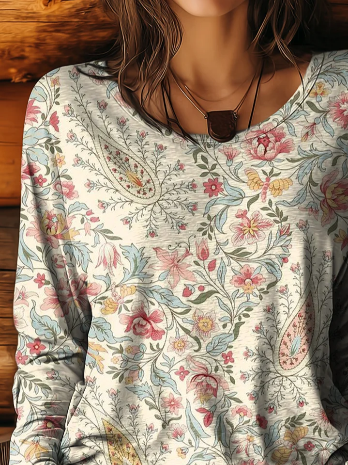 Women's Long Sleeve T-shirt Spring/Fall Apricot Floral Printing Jersey Crew Neck Daily Going Out Casual Top