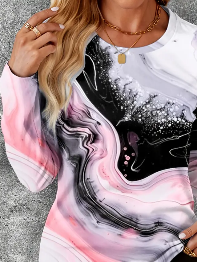 Women's Long Sleeve T-shirt Spring/Fall Pink Abstract Printing Jersey Crew Neck Daily Going Out Casual Top