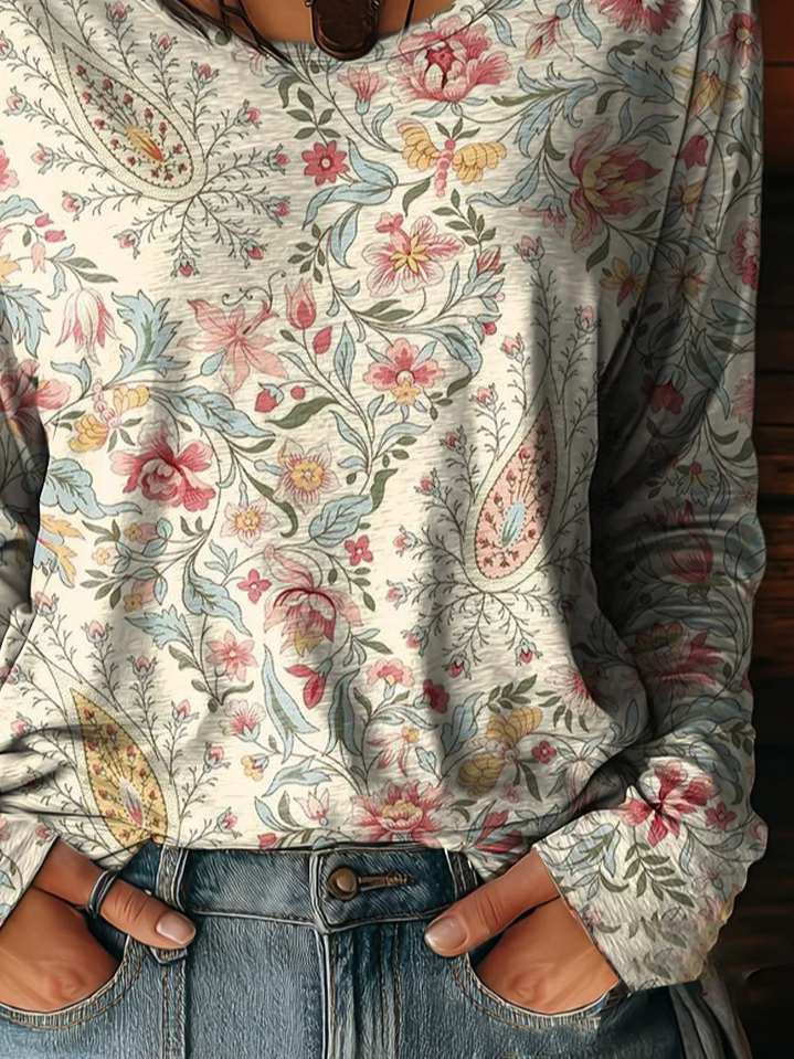 Women's Long Sleeve T-shirt Spring/Fall Apricot Floral Printing Jersey Crew Neck Daily Going Out Casual Top