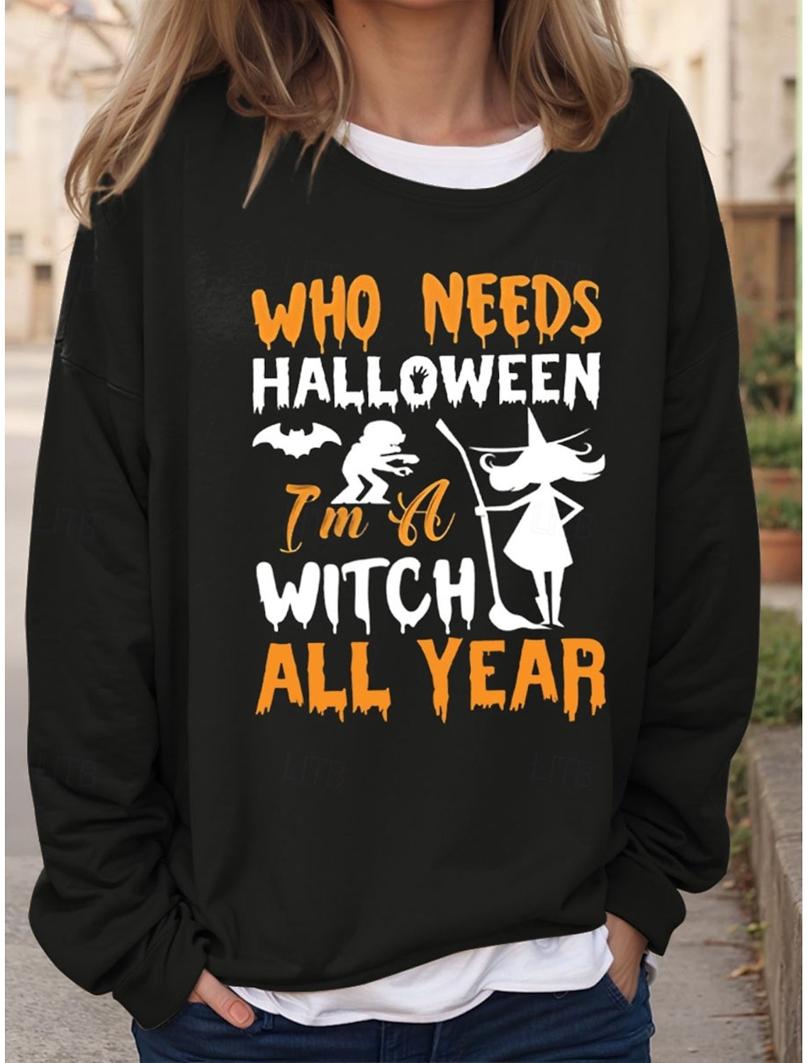 Women's Halloween Letter Pattern Round Neck Drop Shoulder Sleeve Casual Sweatshirt Regular Top