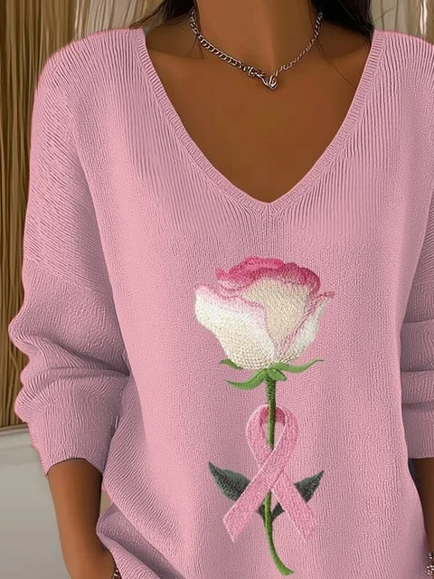 Women's Long Sleeve T-shirt Spring/Fall Pink Floral Printing V Neck Daily Going Out Casual Top