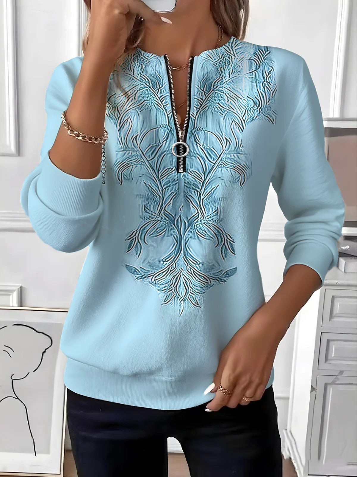 Women's Retro Art Graphic Design Everyday Long Sleeve Center Front Zip Sweatshirt