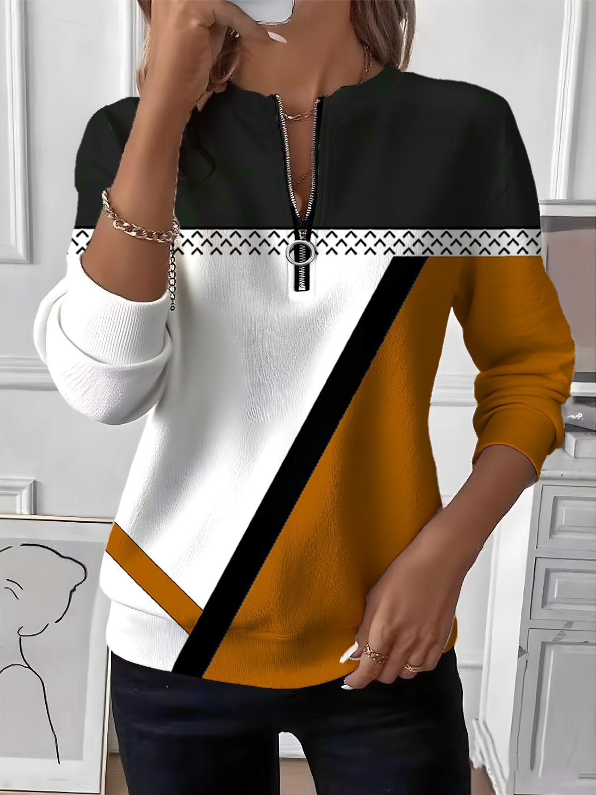 Women's Geometric Colorblock Pattern Long Sleeve Front Center Zipper Casual Sweatshirt Regular Top