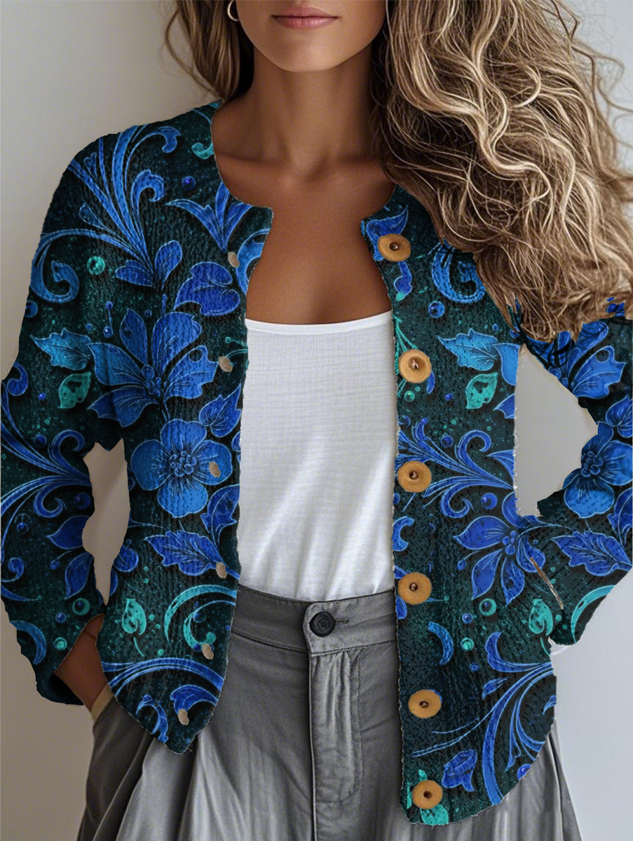 Women's Floral Pattern Casual Long Sleeve Cardigan Regular Autumn and Winter Top