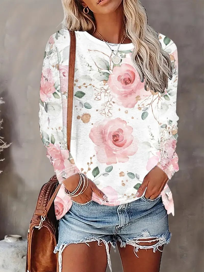 Women's Long Sleeve T-shirt Spring/Fall White Floral Printing Jersey Crew Neck Daily Going Out Casual Top