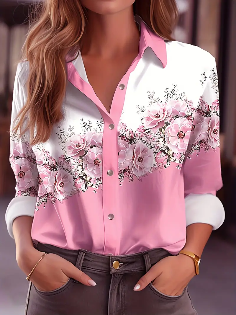 Women's Long Sleeve Shirt Spring/Fall Pink Floral Buckle Shirt Collar Regular Sleeve Daily Going Out Casual Top