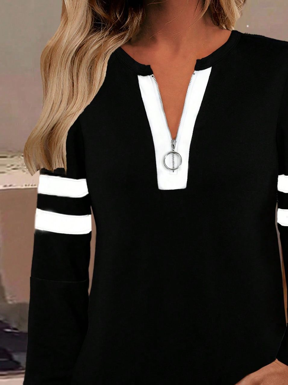 Women's Striped Print Casual Zipper Neck Long Sleeve Sweatshirt