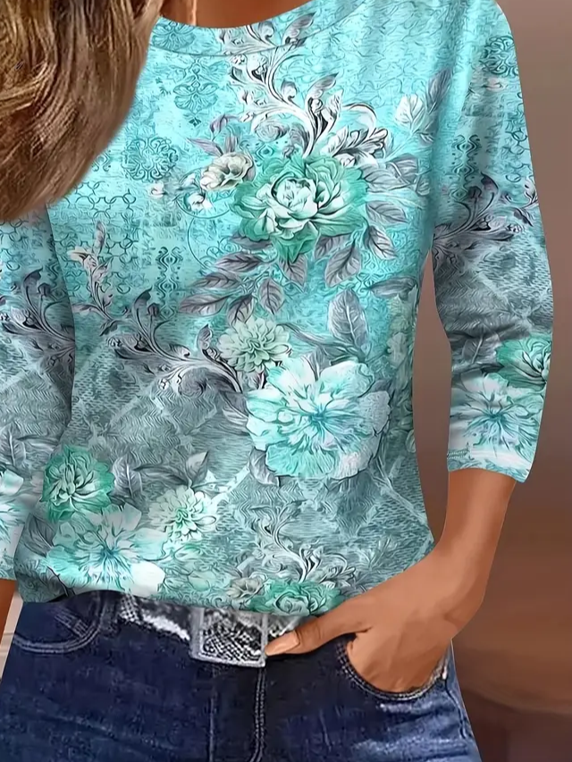 Women's Three Quarter Sleeve T-shirt Spring/Fall Green Floral Crew Neck Daily Going Out Casual Top