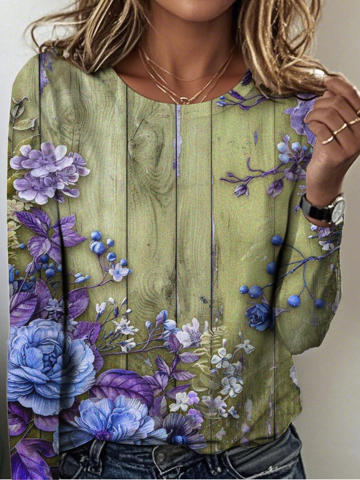 Women's Retro Floral Pattern Round Neck Long Sleeve T-Shirt Regular Top