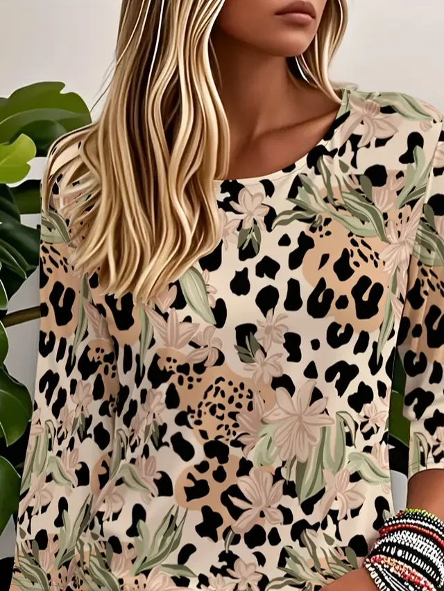 Women's Three Quarter Sleeve T-shirt Spring/Fall Khaki Leopard Crew Neck Daily Going Out Casual Top