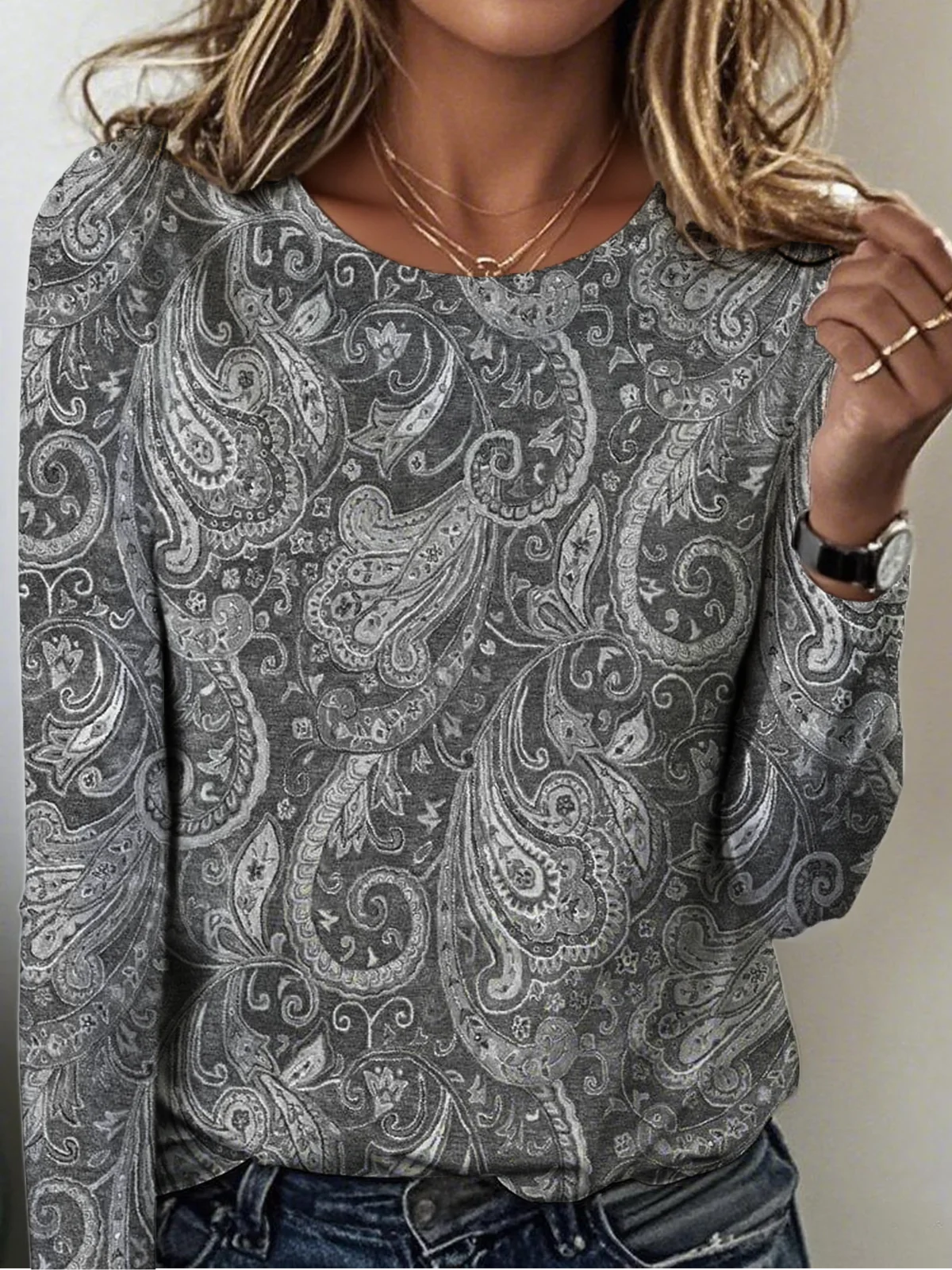 Women's Vintage Paisley Pattern Crew Neck Long Sleeve T-Shirt Regular Top